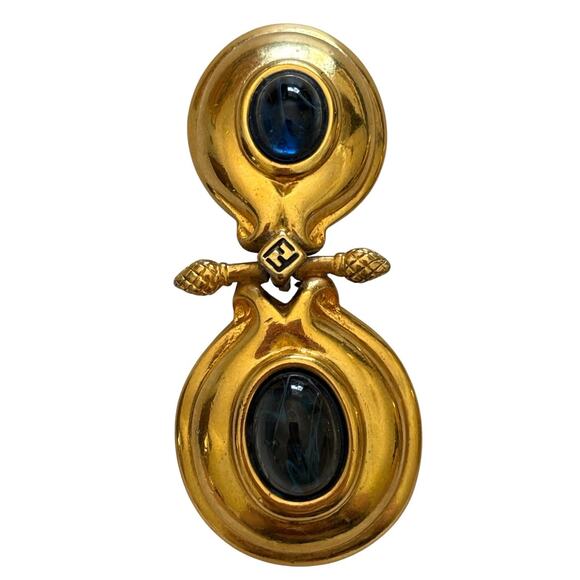 Fendi Blue Gripoix Cabochon Clip Earrings Large Double Dangle Logo 18kt GP - Picture 5 of 12